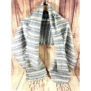 American Eagle Women Blue Yellow Striped Blanket Scarf with Fringe 72 x 20